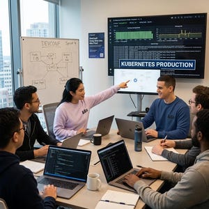 May include: A team of people in a meeting room, gathered around a table with laptops and a whiteboard. The whiteboard has a diagram and the text "DEVCONF Sprint 4". A large screen displays "KUBERNETES PRODUCTION".
