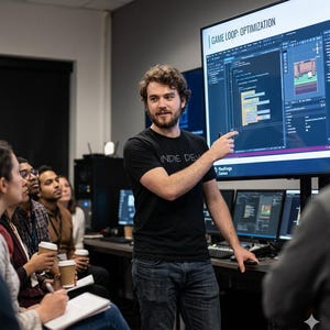 May include: A man in a black t-shirt with "INDIE DEV" printed on it gestures towards a screen showing code and the words "GAME LOOP: OPTIMIZATION." A group of people are seated, watching the presentation. The room contains computers and a large screen.