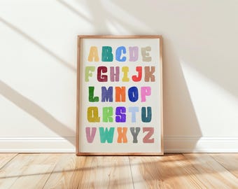 Impresión de pared colorida del alfabeto / Impresiones caprichosas para la sala de juegos, decoración colorida para la habitación de los niños, imprimible divertido para la guardería, arte de descarga digital