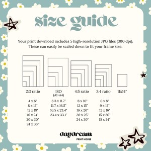 May include: A size guide graphic with a light blue background and daisy pattern. The guide shows various print sizes in inches, including 4x6, 8x10, and 11x14, with ratios like 2:3, 4:5, and 3:4. Text includes "size guide" and "daydream PRINT HOUSE."