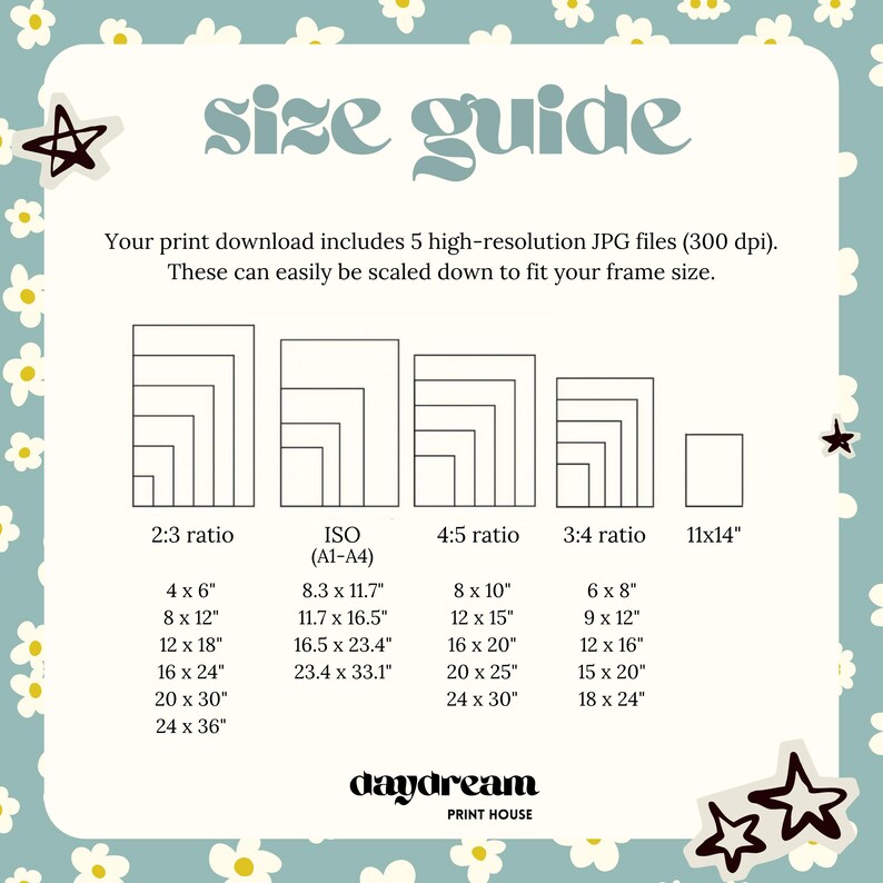 May include: A size guide graphic with a light blue background and daisy pattern. The guide shows various print sizes in inches, including 4x6, 8x10, and 11x14, with ratios like 2:3, 4:5, and 3:4. Text includes "size guide" and "daydream PRINT HOUSE."