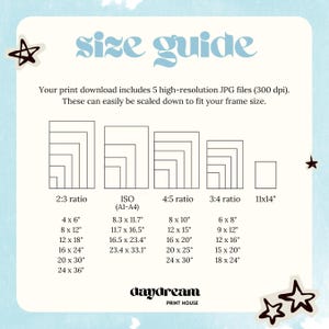 K&ouml;nnte beinhalten: Ein hellblauer Gr&ouml;&szlig;enleitfaden mit dem Text "size guide" und "daydream PRINT HOUSE". Der Leitfaden zeigt Druckgr&ouml;&szlig;en in Zentimetern f&uuml;r 2:3, ISO, 4:5, 3:4 Verh&auml;ltnisse und 11x14 Zoll Drucke. Enth&auml;lt 5 hochaufl&ouml;sende JPG-Dateien.