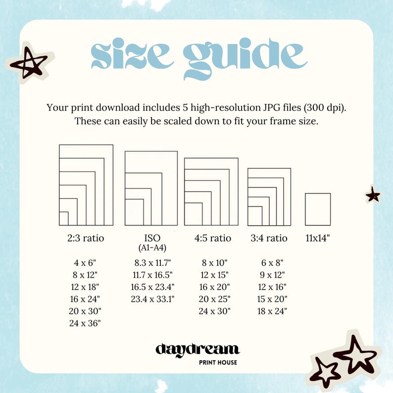 K&ouml;nnte beinhalten: Ein hellblauer Gr&ouml;&szlig;enleitfaden mit dem Text "size guide" und "daydream PRINT HOUSE". Der Leitfaden zeigt Druckgr&ouml;&szlig;en in Zentimetern f&uuml;r 2:3, ISO, 4:5, 3:4 Verh&auml;ltnisse und 11x14 Zoll Drucke. Enth&auml;lt 5 hochaufl&ouml;sende JPG-Dateien.