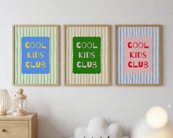 Juego de 3 impresiones de arte de pared Cool Kids Club para sala de juegos, decoración colorida para habitación infantil, imprimible retro para guardería, juego de arte de descarga digital
