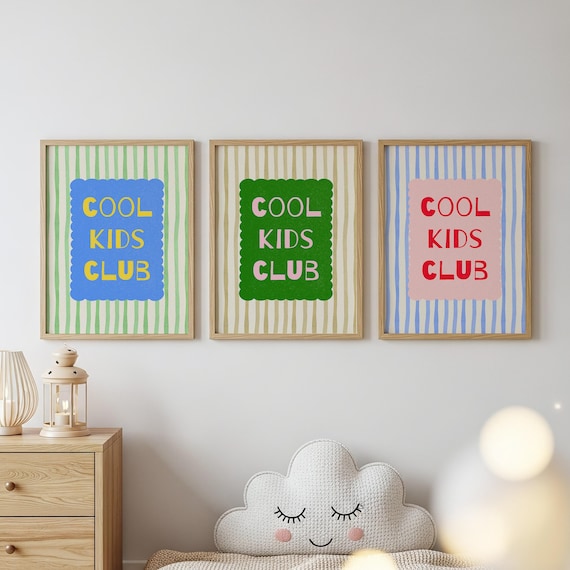 Cool Kids Club Wall Art Set of 3 | Playroom Prints, Colorful Kids Room Decor, Retro Nursery Printable, Digital Download Art Set