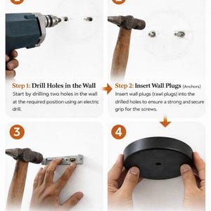 May include: A four-step instructional guide titled How to Install. Step 1 shows drilling holes with an electric drill. Step 2 shows inserting wall plugs with a hammer. Step 3 shows fixing a metal mounting bracket. Step 4 shows attaching a black canopy.
