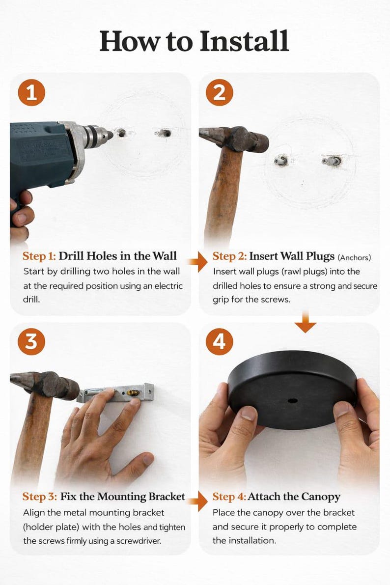 May include: A four-step instructional guide titled How to Install. Step 1 shows drilling holes with an electric drill. Step 2 shows inserting wall plugs with a hammer. Step 3 shows fixing a metal mounting bracket. Step 4 shows attaching a black canopy.
