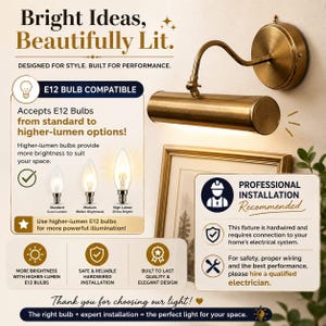 May include: A brass-toned wall-mounted picture light with a cylindrical head and adjustable arm. Text includes Bright Ideas, Beautifully Lit, E12 Bulb Compatible, and Professional Installation Recommended, detailing bulb types and hardwiring requirements.