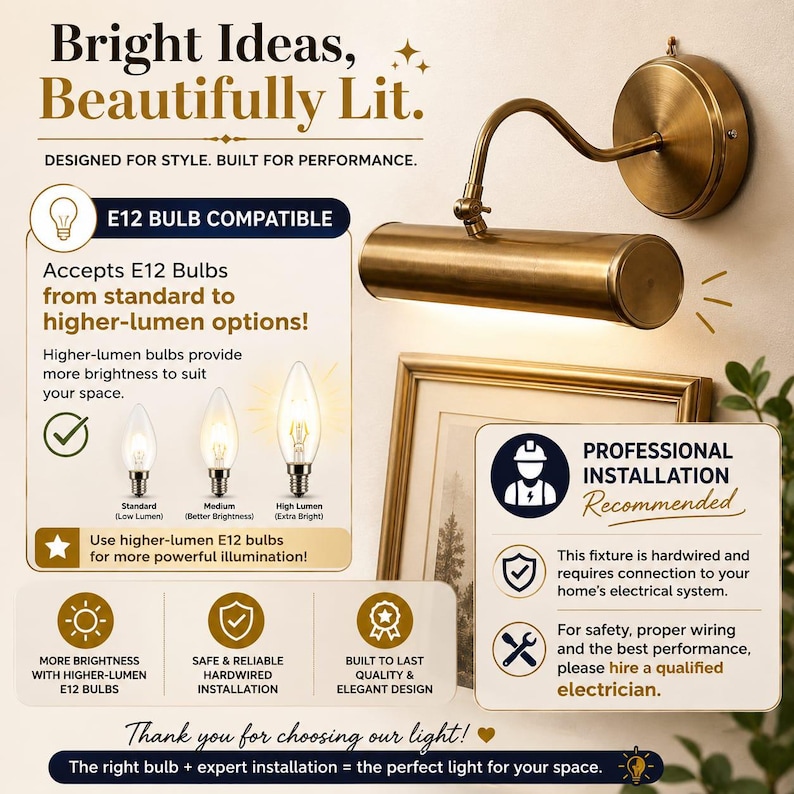 May include: A brass-toned wall-mounted picture light with a cylindrical head and adjustable arm. Text includes Bright Ideas, Beautifully Lit, E12 Bulb Compatible, and Professional Installation Recommended, detailing bulb types and hardwiring requirements.