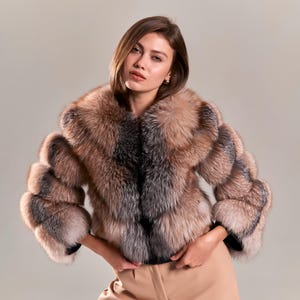 Brown Fox Fur Jacket for Women, Real Fox Fur Jacket with Pockets, Luxury Cropped Jacket, Winter Wear, Birthday Gift for Her, Christmas Gift