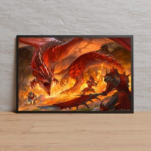 May include: Framed fantasy art print featuring a fierce red dragon breathing fire. The artwork depicts a battle scene with armored figures and a smaller creature. The dragon's scales and wings are detailed, set against a fiery background.