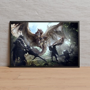 May include: Framed print featuring a fantasy battle scene. A large, winged dragon dominates the center, facing off against several armored figures wielding weapons. The artwork is set in a lush, green forest environment.