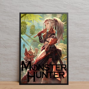May include: A framed print featuring a detailed illustration of a female character from the Monster Hunter video game series. The character is dressed in armor and stands with a creature in a jungle setting. The words "Monster Hunter" are displayed in bold letters.