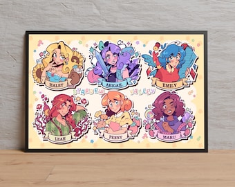 May include: A rectangular art print titled Stardew Valley featuring six illustrated characters: Haley, Abigail, Emily, Leah, Penny, and Maru. Each character is framed in a circular border with their name on a banner, surrounded by colourful icons.