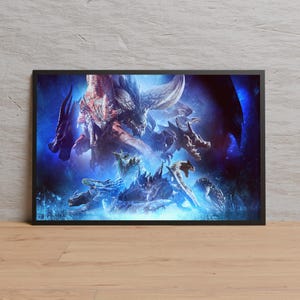 May include: A framed print featuring a dynamic illustration of multiple fantasy creatures, primarily in shades of blue, red, and white. The artwork showcases detailed monster designs with sharp claws and horns, set against a dark, atmospheric background.