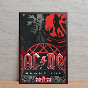 Op de afbeelding: Ingelijste poster met de albumhoes "Black Ice" van AC/DC. Het ontwerp maakt gebruik van een rood en zwart kleurenschema met het logo van de band en de albumtitel. De poster bevat ook een silhouet van een bandlid dat gitaar speelt.