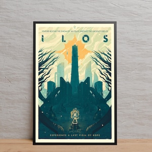 May include: A framed art print with a futuristic city illustration in teal, orange, and blue. The word "ILOS" is at the top. The text reads "VENTURE BEYOND THE ENIGMATIC MU RELAY AND INTO THE ANCIENT CITIES OF" and "EXPERIENCE A LAST VIGIL OF HOPE".