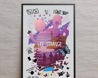 Puede incluir: Un póster enmarcado con un fondo gris, con el texto "Life is Strange". La obra de arte incluye siluetas, mariposas y la frase "I can't sleep". El texto adicional incluye "Chloe was here" y "Hold to another universe".
