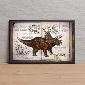 Könnte beinhalten: Gerahmter Druck mit einer detaillierten Illustration eines Triceratops-Dinosauriers. Das Kunstwerk ist vor dem Hintergrund von gealtertem Papier mit handschriftlichen Notizen und Skizzen angeordnet. Der Dinosaurier ist in Orange-, Braun- und Blautönen dargestellt.