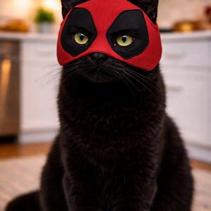 Puede incluir: Un gato negro con una máscara roja y negra, que recuerda a un superhéroe. El gato tiene ojos amarillos brillantes y está sentado erguido, mirando directamente a la cámara. La máscara cubre los ojos y la frente del gato.