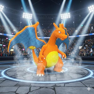 Op de afbeelding: Een gebreide Charizard-figuur in een arena-omgeving. De figuur is voornamelijk oranje met blauwe vleugels en een gele buik. De achtergrond toont een menigte en schijnwerpers, wat een dynamische en aantrekkelijke scène creëert.