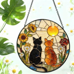 Custom Charming Black Orange Cat Couple Garden Suncatcher Tabby Cat Stained Glass Window Hanging Glass Mom/Grandma Gift For Her/Friends image 6