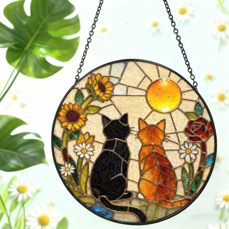 Custom Charming Black Orange Cat Couple Garden Suncatcher Tabby Cat Stained Glass Window Hanging Glass Mom/Grandma Gift For Her/Friends image 6