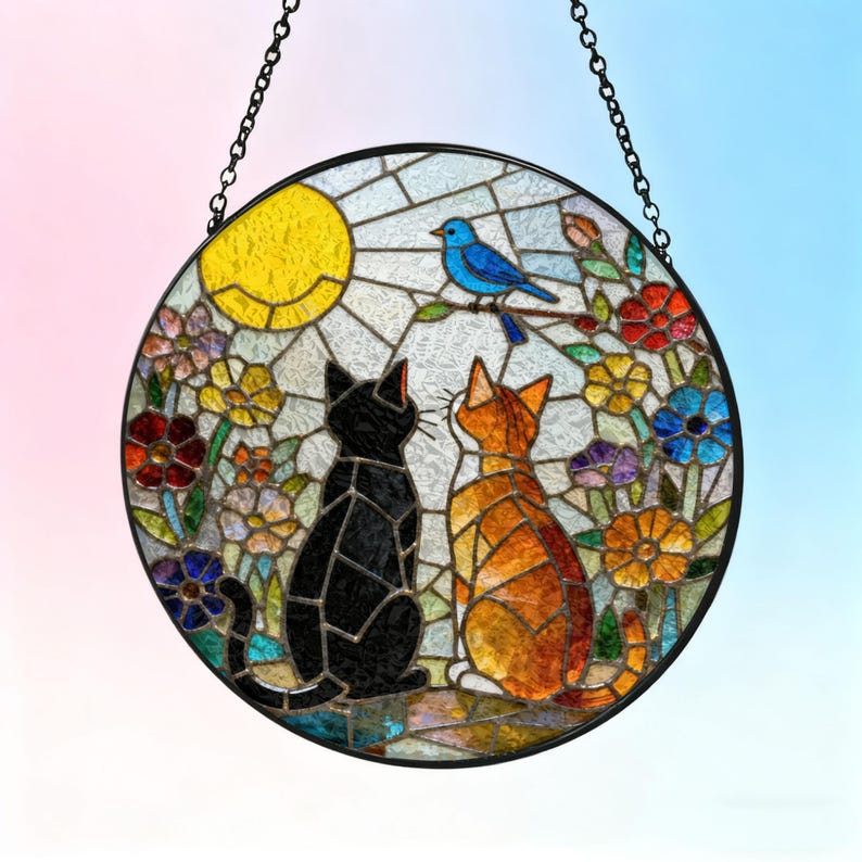 May include: Round stained glass window art featuring two cats gazing at a blue bird perched on a branch. The scene includes a yellow sun, colorful flowers, and a black metal chain for hanging. The cats are black and orange.