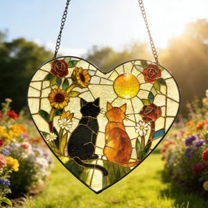 May include: Stained glass heart-shaped suncatcher featuring two cats, one black and one orange, gazing at a yellow sun. The design includes red roses, sunflowers, and daisies. The suncatcher hangs from a chain and is set against a blurred garden background.