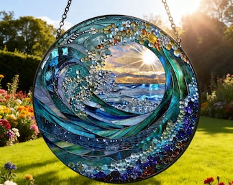 Atrapasol de vidrio coloreado con forma de ola del océano, atrapasol de vidrio costero hecho a mano, regalo para colgar en la ventana de una casa de playa.