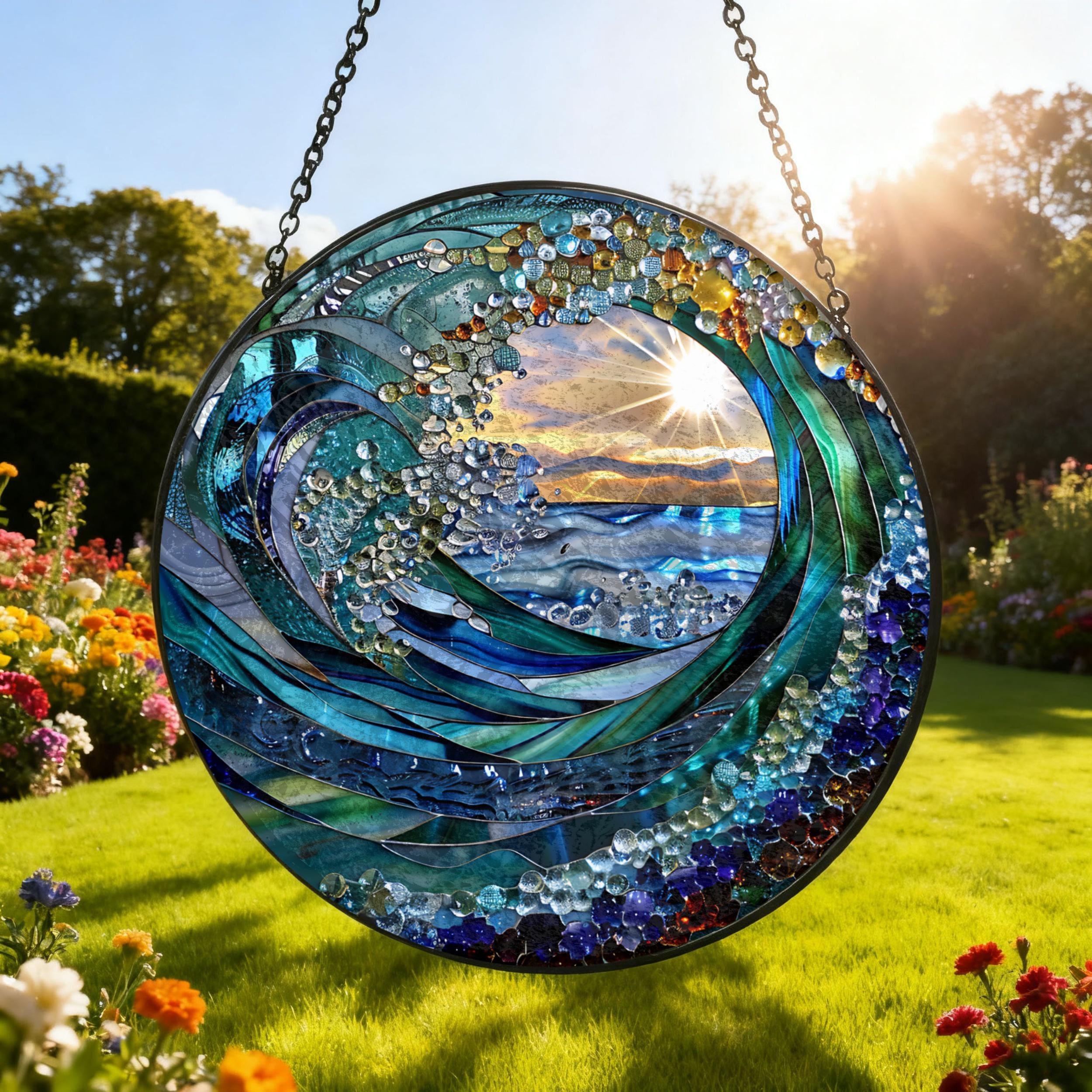 Discover Ocean Wave Stained Glass SuncatcherBeach Coastal Glass Suncatcher HandmadeBeach House Window Hanging Ocean Suncatcher Gift
