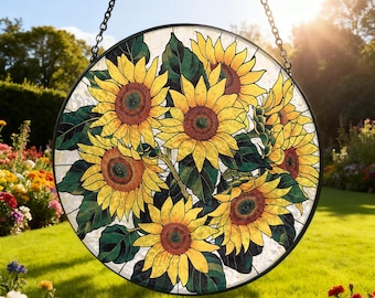 Sunflower Suncatcher Stained Glass Sunflowers Window Hanging Garden Suncatcher，Sunflower Plant Floral Ornament Home Decor, Grandma Gift