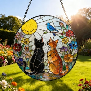May include: Round stained glass window art featuring two cats gazing at a bluebird perched on a branch. The artwork includes a yellow sun, colorful flowers, and a black metal frame. The window hangs from a chain.