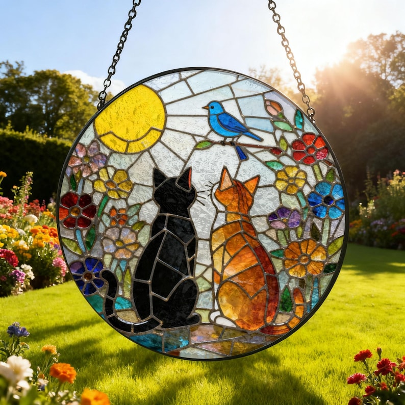 May include: Round stained glass window art featuring two cats gazing at a bluebird perched on a branch. The artwork includes a yellow sun, colorful flowers, and a black metal frame. The window hangs from a chain.