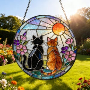 Encantador atrapasol de jardín con forma de pareja de gatos negros y naranjas, adorno colgante de cristal para ventana de perro o mascota, regalo para mamá