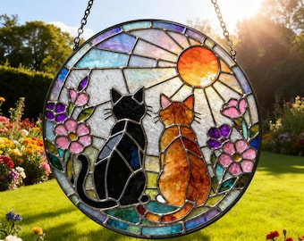 Urocza czarno-pomarańczowa para kotów, ogrodowy łapacz słońca, witraż, pies, zwierzę, wiszący szklany ornament, prezent dla mamy