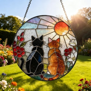 Custom Charming Black Orange Cat Couple Garden Suncatcher Tabby Cat Stained Glass Window Hanging Glass Mom/Grandma Gift For Her/Friends Style 3
