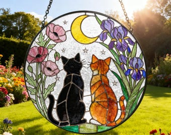 Charmantes, individuell gestaltetes Garten-Sonnenbild mit schwarz-orangenem Katzenpaar, getigerte Katze, Buntglasfenster, hängendes Glas, Weihnachtsgeschenk für Mama/Oma