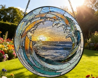 Ocean Wave Stained Glass Suncatcher，Beach Coastal Glass Suncatcher Handmade，Beach House Window Hanging Ocean Birthday Gift for Mom/Grandma