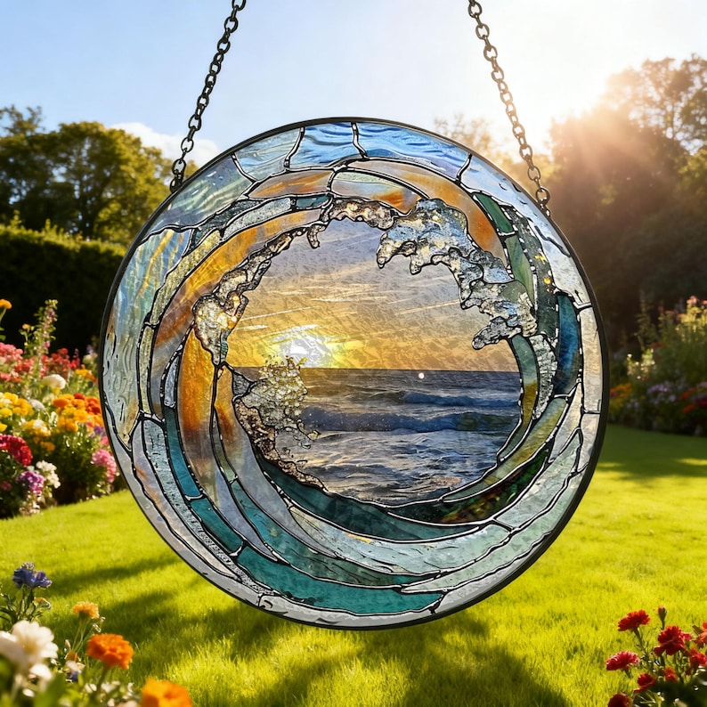 May include: Circular stained glass window depicting a wave with a sunset scene. The glass features shades of blue, green, and orange, with a black metal frame and hanging chain. The artwork is displayed outdoors in a garden setting.