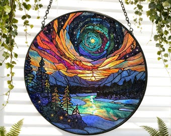 Nachtelijke hemel Noorderlicht Gebrandschilderd glas Suncatcher Aurora Borealis Bos Noorderlicht raam hangend (Kerstcadeau Natuur)