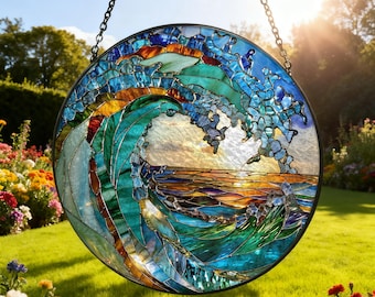 Ocean Wave Stained Glass Suncatcher，Beach Coastal Glass Suncatcher Handmade，Beach House Window Hanging Ocean Suncatcher Gift for Mom/Grandma
