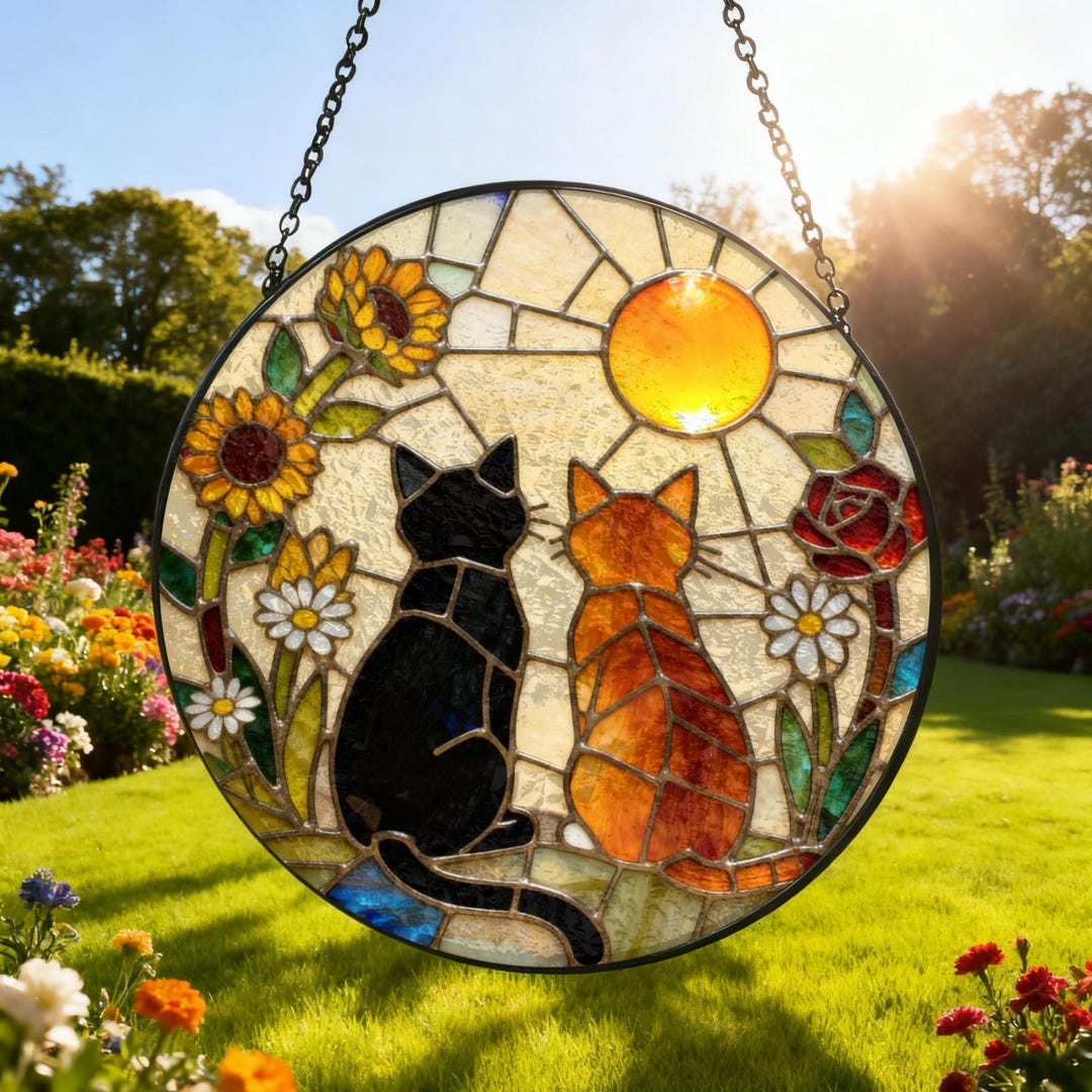Custom Charming Black Orange Cat Couple Garden Suncatcher Tabby Cat Stained Glass Window H