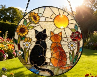 Benutzerdefinierte Charmante Schwarz Orange Katzenpaar Garten Suncatcher Tabby Katze Buntglas Fenster Hängen Glas Mama / Oma Geschenk für Sie / Freunde