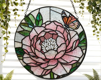 Pink Peony Stained Glass Suncatcher，Flower Lover Glass Suncatcher Handmade，Peonies Botanical Art Window Hanging Peony Gifts for Mom/Grandma