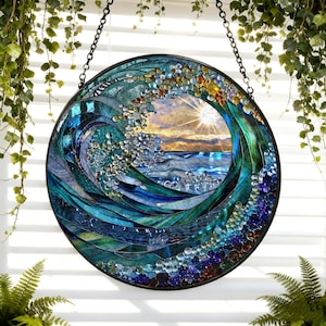 Ocean Wave Stained Glass Suncatcher，Beach Coastal Glass Suncatcher Handmade，Beach House Window Hanging Ocean Suncatcher Gift image 3