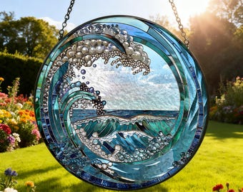 Ocean Wave Stained Glass Suncatcher，Beach Coastal Glass Suncatcher Handmade，Beach House Window Hanging Ocean Suncatcher Gift