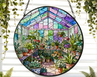 Suncatcher Stained Glass Greenhouse Garden Suncatcher Window Hanging Plant Lover Gift Ornament Mom Gift