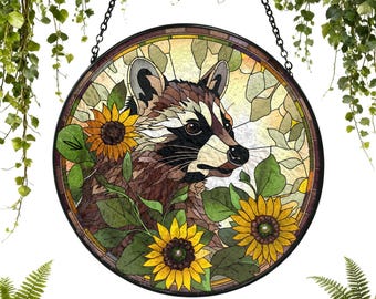 Raccoon Sunflower Suncatcher Stained Glass Raccoon Suncatcher Garden,Raccoon Lover Window Hanging Glass Ornament，Kids Room Animal Decoration