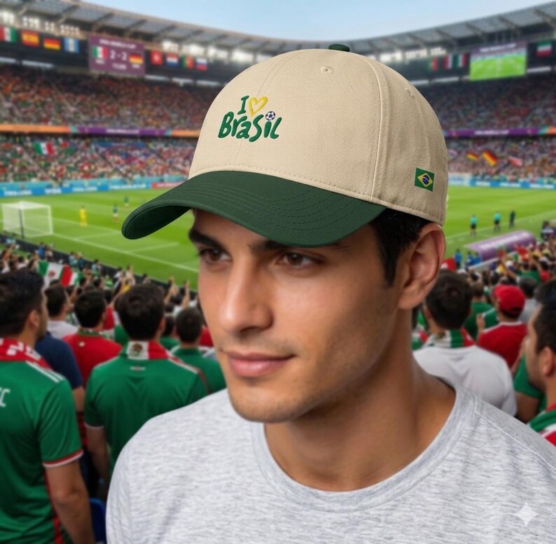K&ouml;nnte beinhalten: Beige Baseball Cap mit gr&uuml;nem Schirm und dem Text "I love Brasil" in Gr&uuml;n und Gelb. Auf der Seite befindet sich eine kleine brasilianische Flagge. Die Kappe wird in einem Stadion getragen.